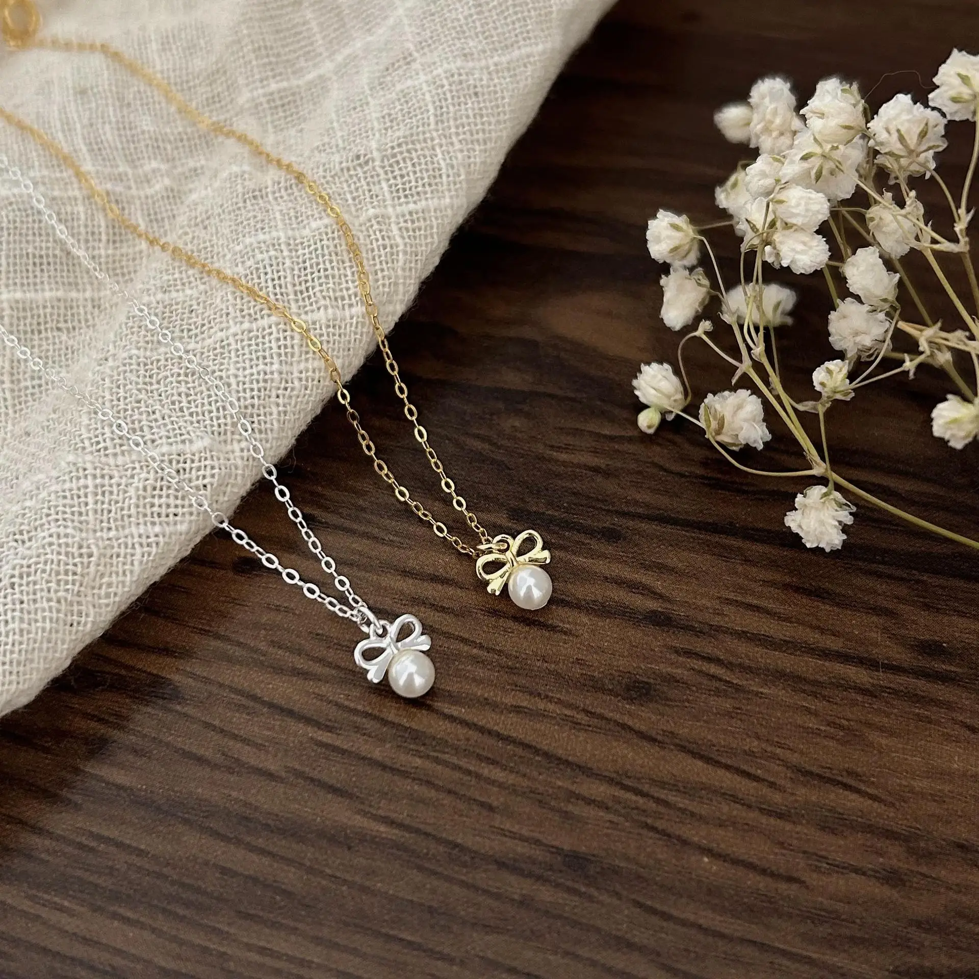 Korean 925 Sterling Silver Bow Simulated Pearl Pendant Necklace for Women Exquisite Cute Party Jewelry