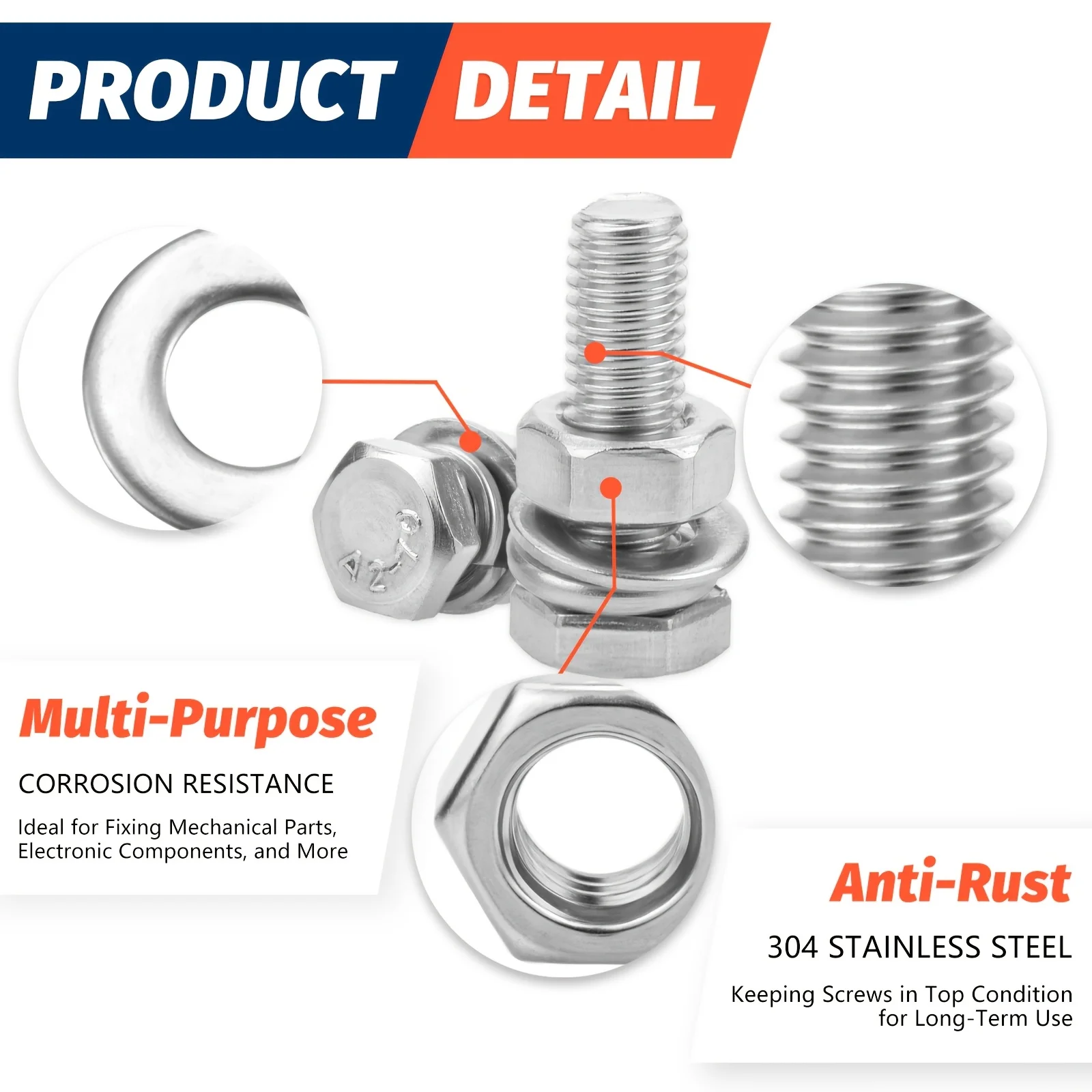 M4 M5 M6 Metric Bolt Kit Stainless Steel Assortment Set with Hex Head Bolts Nuts Flat & Lock Washer for DIY Home Industrial Use
