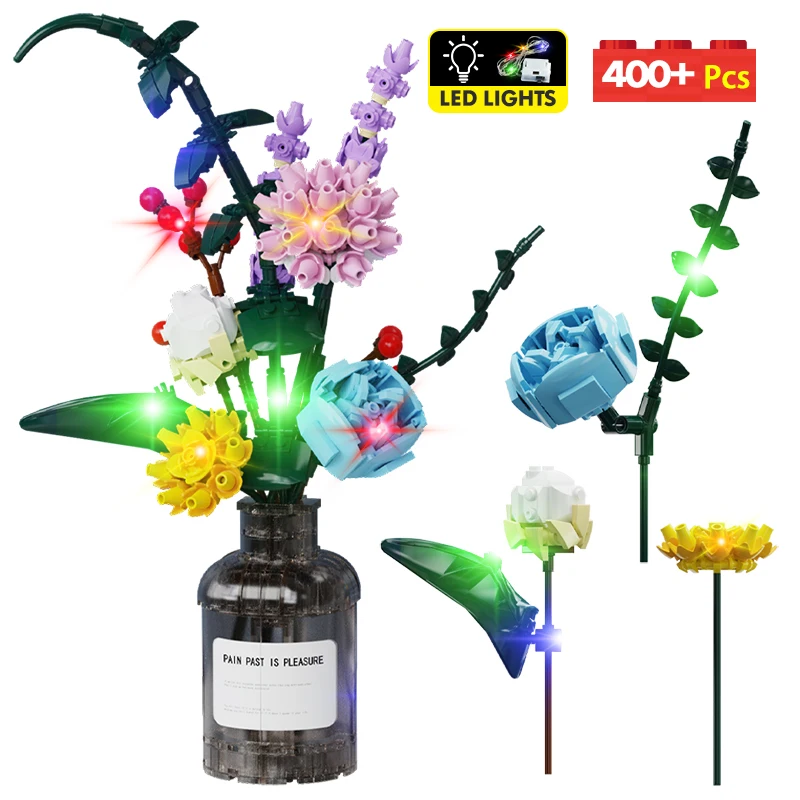 400pcs City Romantic Flower Bouquet Plant Potted LED Light Building Block MOC Friends Home Decoration Brick Toys for Children