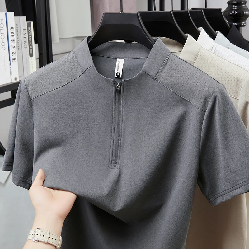 Herren Kurzarm-Poloshirts mit Halbem Reißverschluss und Stehkragen Lässige Sommer-Oberteile Leichte Atmungsaktive Hemden für Männer – Detail 16