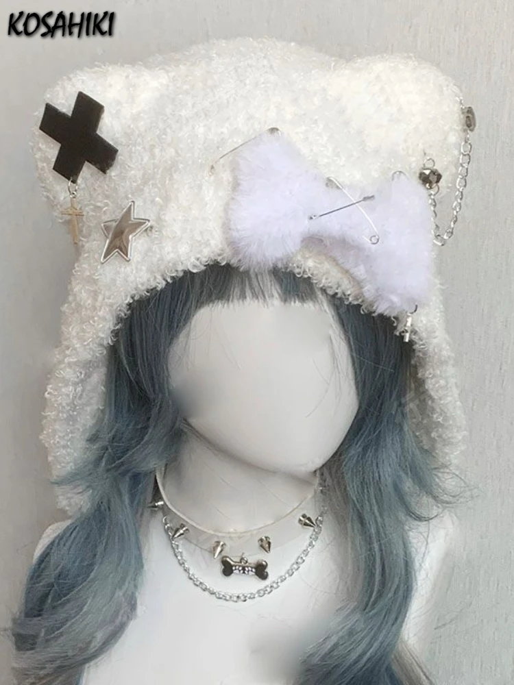 Women Japanese Gothic Harajuku Lolita Girls Hat Kawaii Cute Knitted Wings Cap Y2k Aesthetic Fluffy Chic Bucket Hats Female