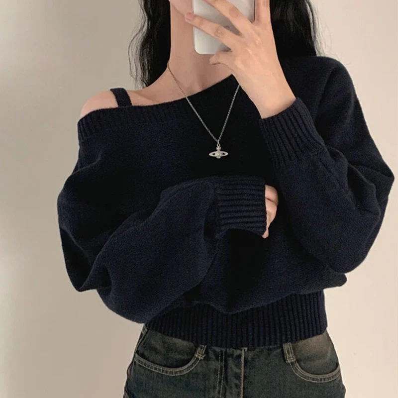 Neploe 2024 Autumn Vintage Gray Knitted Tops Women Skew Collar Off Shoulder Pullovers Long Sleeve Loose Sweaters Mujer