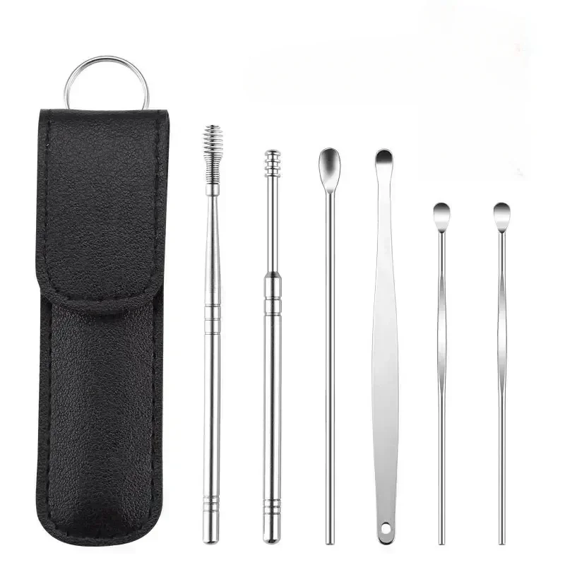 

6Pcs/set Stainless Steel Spiral Ear Pick Spoon Ear Wax Removal Cleaner Ear Tool Multi-Function Portable with Storage Holster