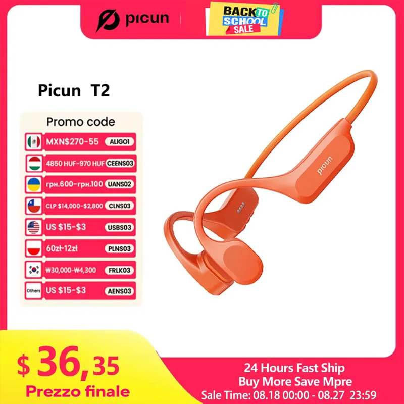 Picun T2 Bone Conduction Earphone IPX8 32GB Bluetooth 5.4 Wireless Headset Hands-free with Mic Waterproof Earbud for Swim Riding