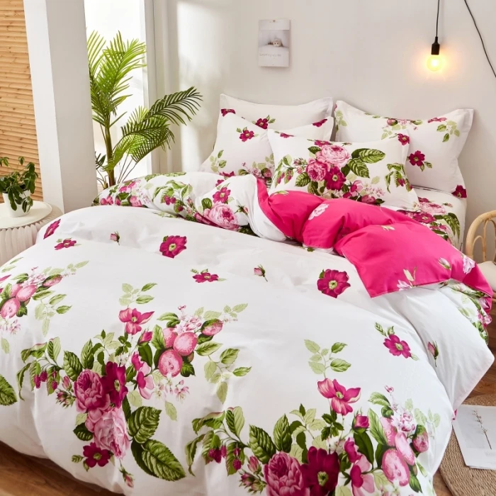 Romantic Floral Bedding Set 3 Piece 100%Cotton Pink Rose Print Duvet Cover Garden Style Comforter Covers for Women Girls Bedroom