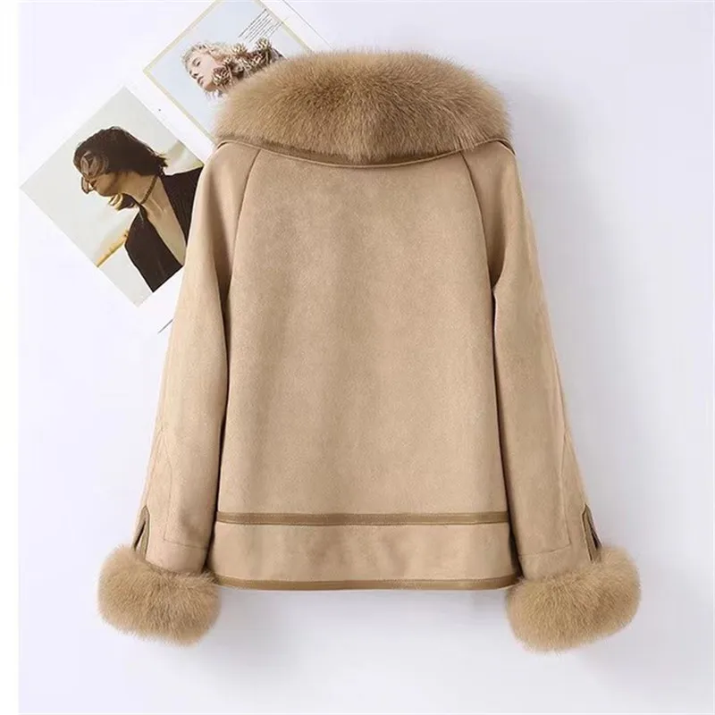 Abrigo de piel sintética con Cuello de piel para mujer, chaqueta cálida de ante de manga larga, prendas de vestir exteriores cortas sueltas, W103, 2023