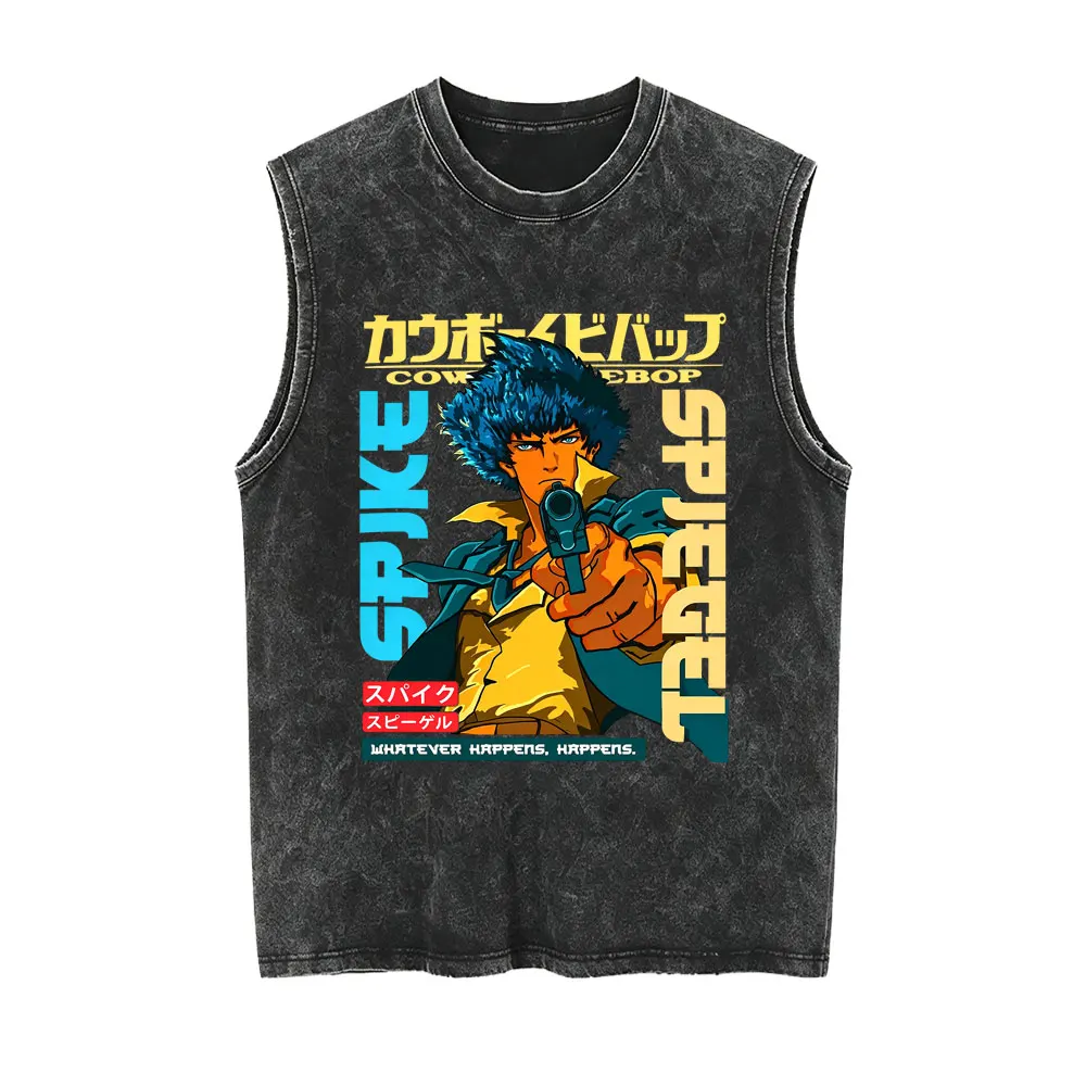 Anime Cowboy Bebop Vintage Washed Tank Tops Manga Spike Spiegel Print Sleeveless Vest T-shirt Men Women Hip Hop Oversized Tshirt