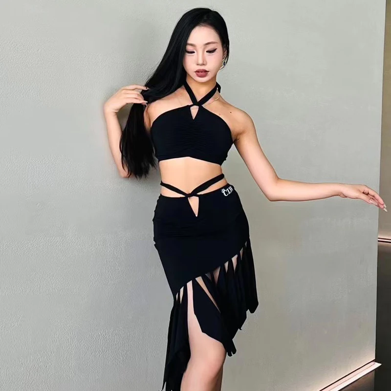 

2023 New Latin Dance Practice Clothes Black Sling Tops Irregular Skirt Suit Chacha Rumba Tango Adult Latin Dance Dress DQS13930