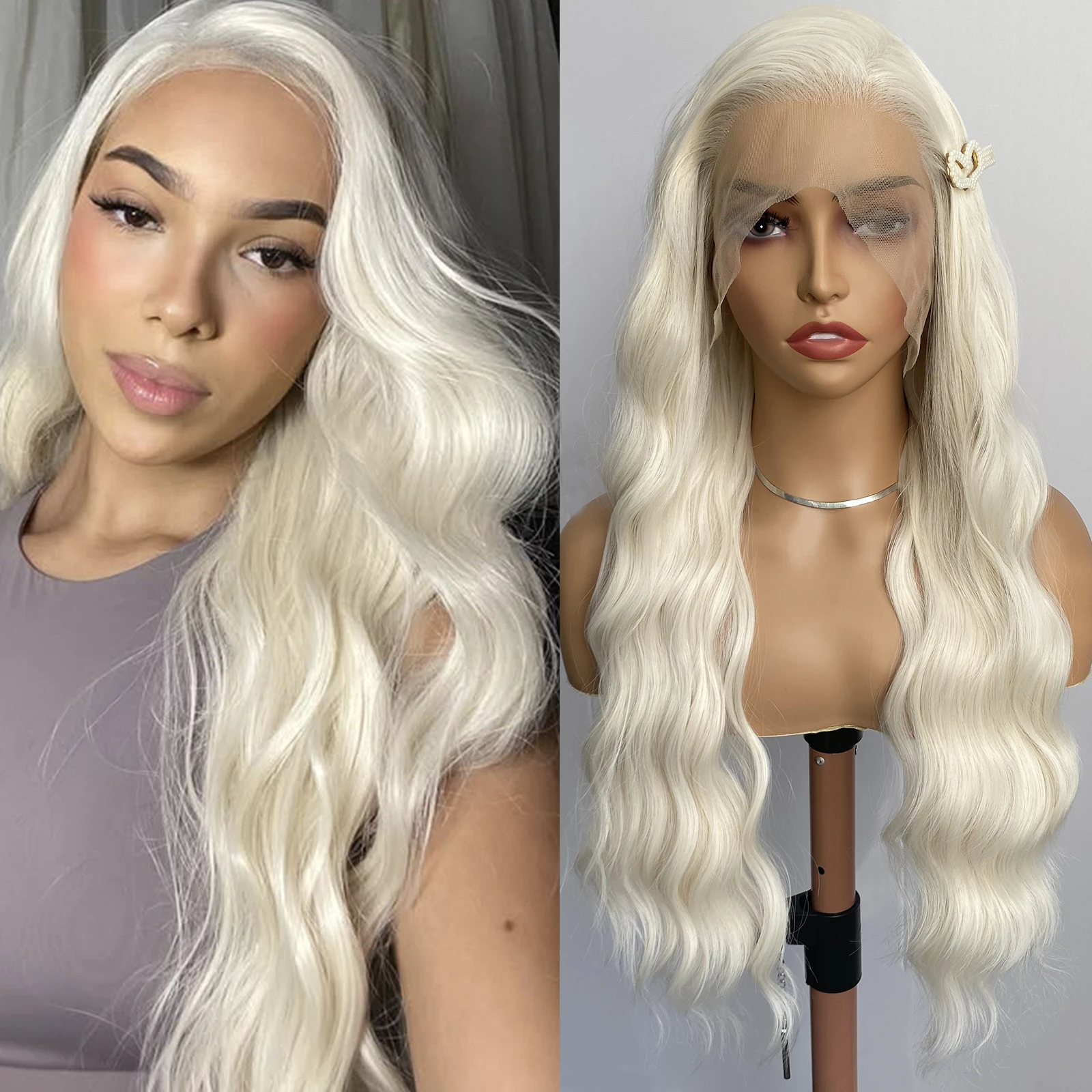 วิกผมลูกไม้ด้านหน้าสีบลอนด์แพลตตินัม AIMEYA สำหรับผู้หญิงและเด็กผู้หญิง วิกผมยาวลอนคลื่น ทนความร้อน วิกผมสังเคราะห์สำหรับใช้ในชีวิตประจำวัน งานคอสเพลย์ และงานปาร์ตี้