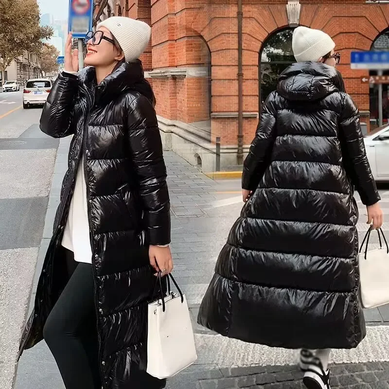 Black Glossy Parka Coat Women\'s Long Jacket New Fashion Thicken Winter Hooded Loose Female Windproof Rainproof Warm Outwear A391