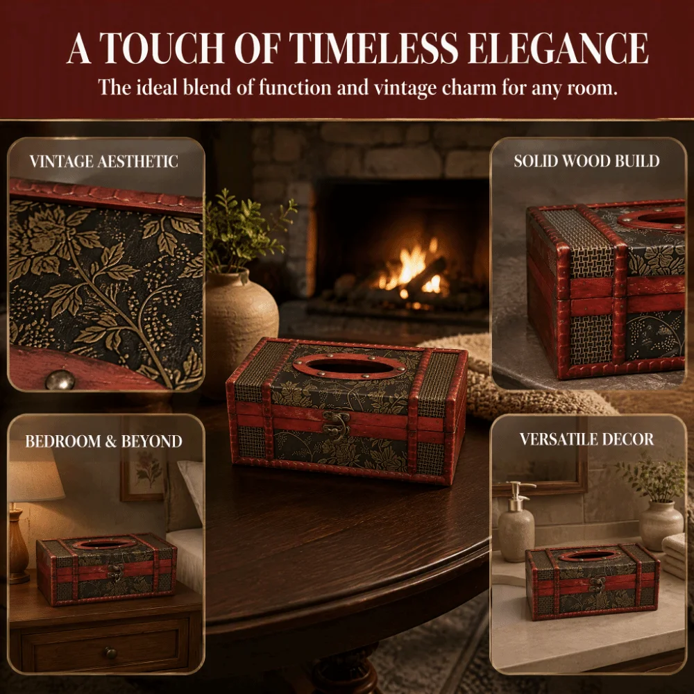 Vintage Style Tissue Box Holder Antique Finish Wooden Tissue Dispenser Rectangular Red Brown Facial Tissue Organizer For Hotel