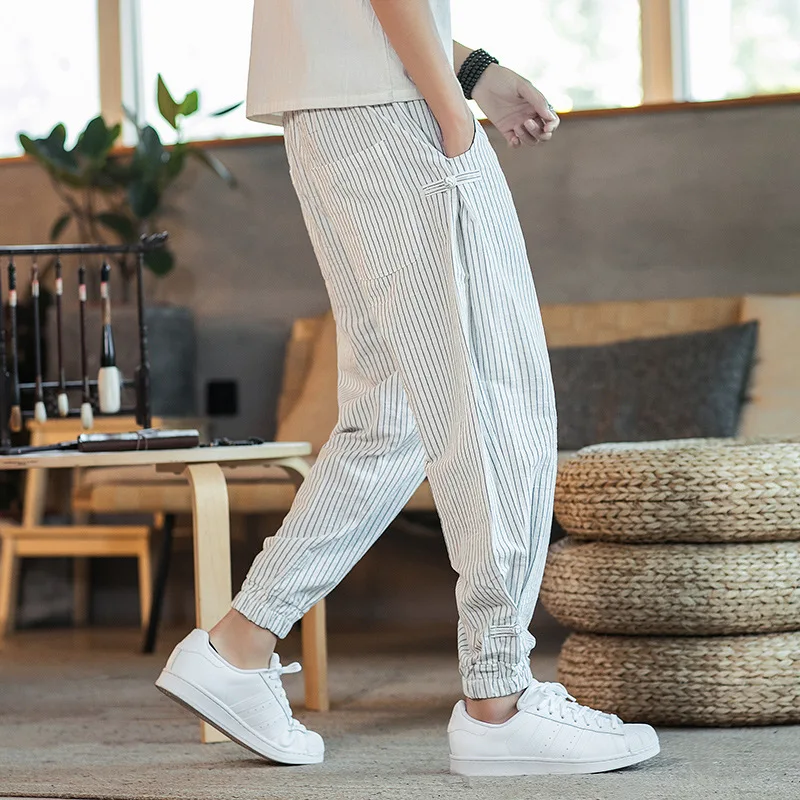Men\'s Ankle Length Harem Pants with Elastic Waist Cotton Linen Stripe Design New Arrival 2026 Men\'s Clothing