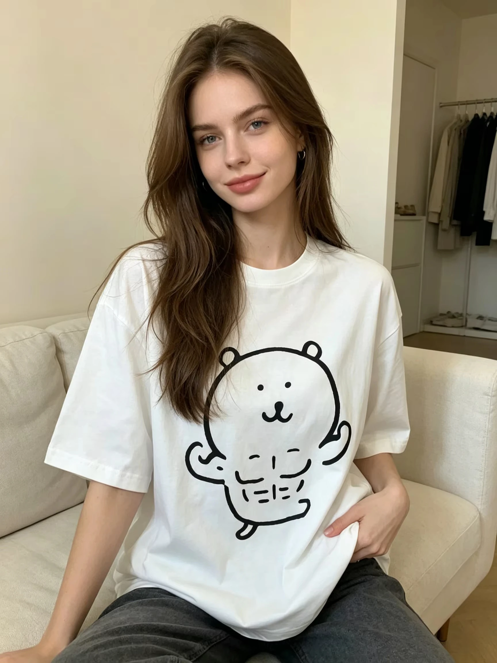 Cotton T-shirt Men's and Women's Muscle Bear Print Y2K High Quality Loose Fashion Comfortable You Don't Want To Take Off