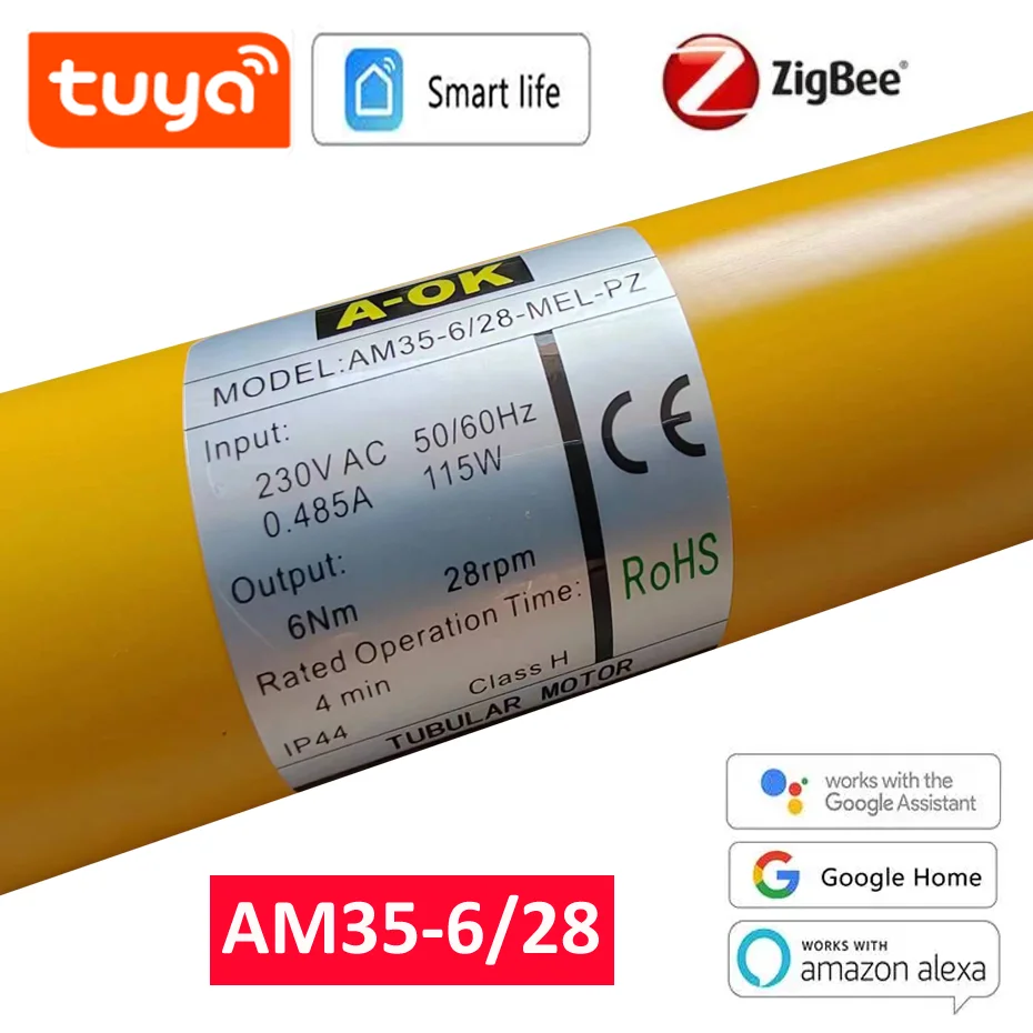 Moteur tubulaire intelligent A-OK AM35 6/28, télécommande RF433 + application Tuya Zigbee, pour tube 40/45mm/47mm/50mm, pour stores roulants, 230V