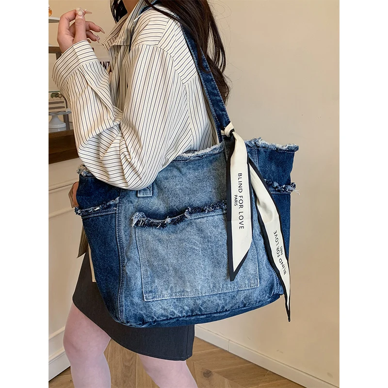 

Fashion new large bag Korean style simple fashion versatile denim bow commuter design single shoulder handbag casual bag