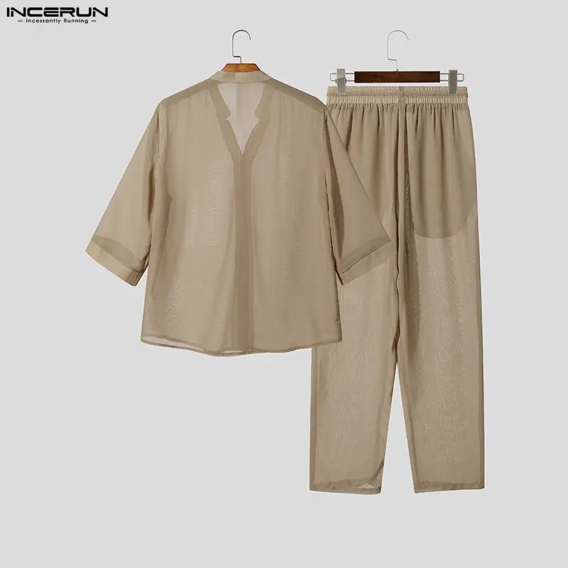 INCERUN Men's Sets Solid Color V Neck Half Sleeve Shirt Pants Two Piece Sets Streetwear Loose 2026 Men Matching Sets Tracksuits view 5