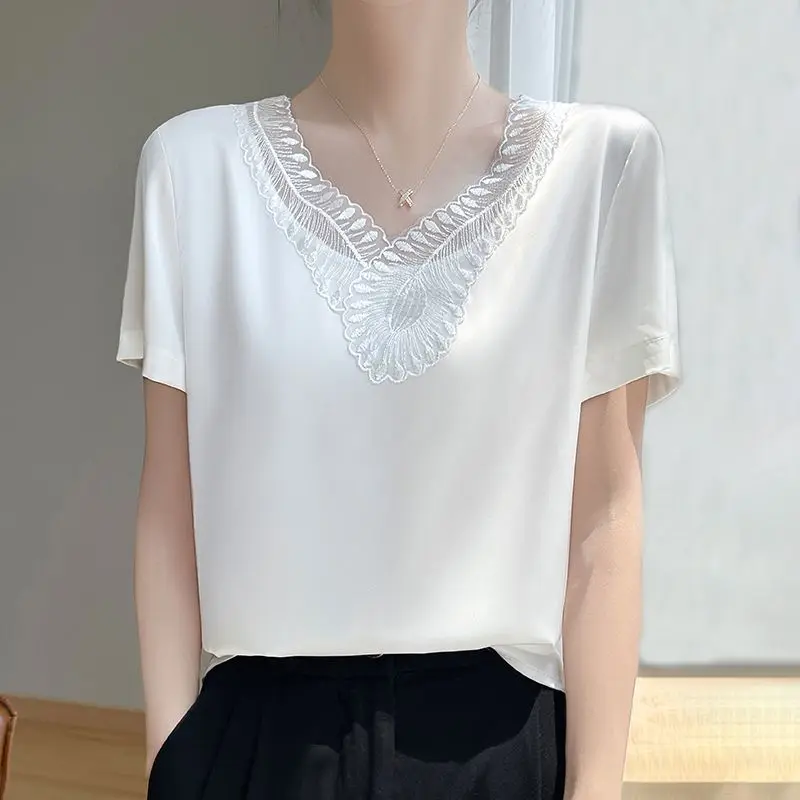 

New Summer Women's Solid Color Splicing Lace V-Neck Short Sleeve Loose Satin Pullovers Temperament Trendy Comfortable Tops