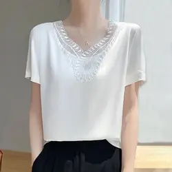 New Summer Women's Solid Color Splicing Lace V-Neck Short Sleeve Loose Satin Pullovers Temperament Trendy Comfortable Tops