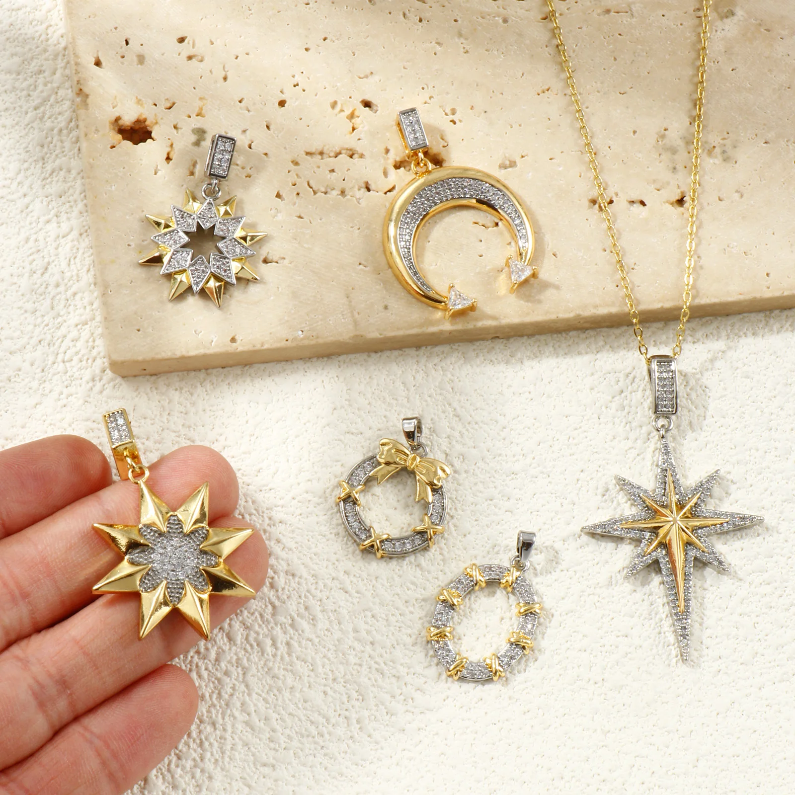 1pc New Brass Charms 18K Gold Plated Rhinestone Geometric Star Moon Cubic Zirconia Pendant DIY Necklace Women Jewelry Findings