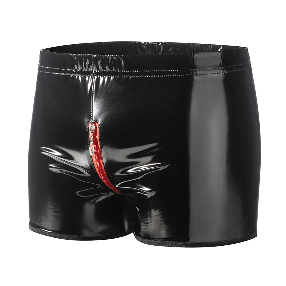 

Sexy Men Faux Leather Boxershorts Zipper Open Crotch Short Pant Men's Stage Performance Costume Boxers Hot Sexy Trunks Underwear