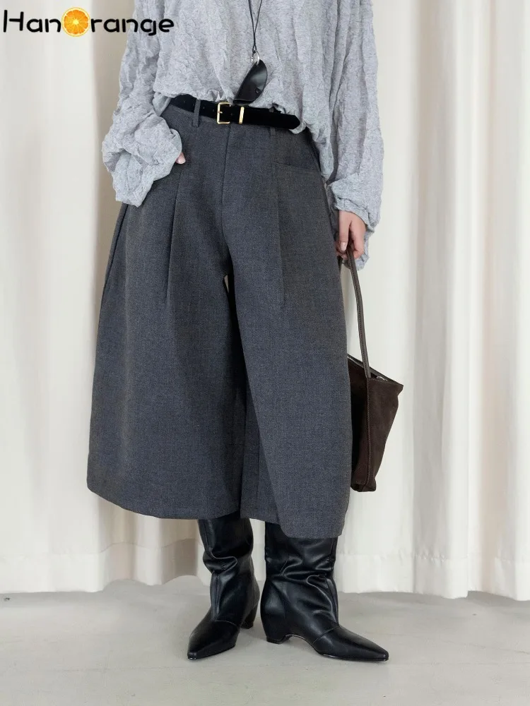 Autumn Winter Women 7/8 Wide Leg Suit Culottes With Belt, Loose Oversized Trousers With Large Pockets