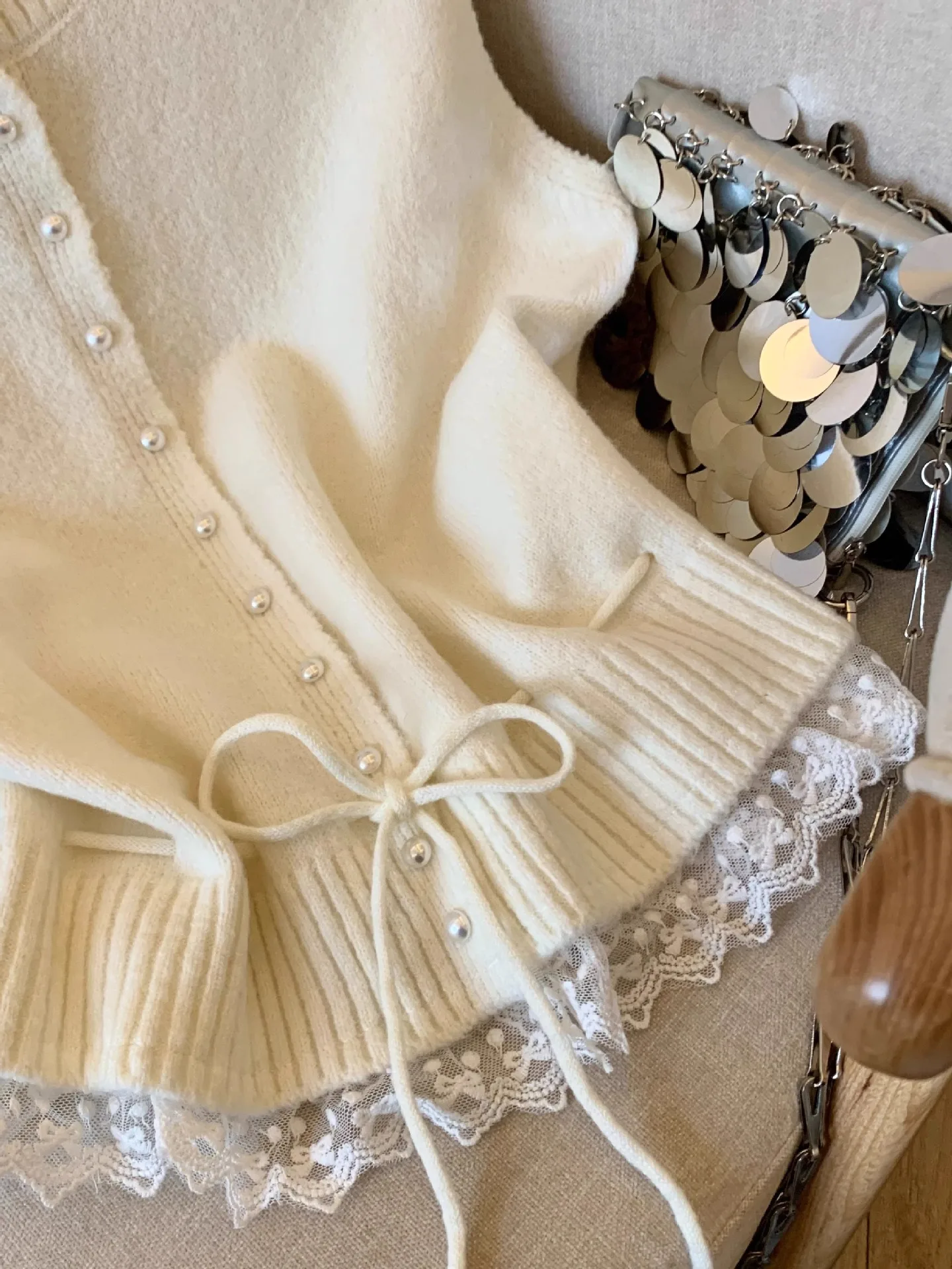 Women's Grey Fuzzy Knit Vest Pearl Buttons Lace Hem Drawstring Waist Sleeveless Cardigan Sweater Vest Cute