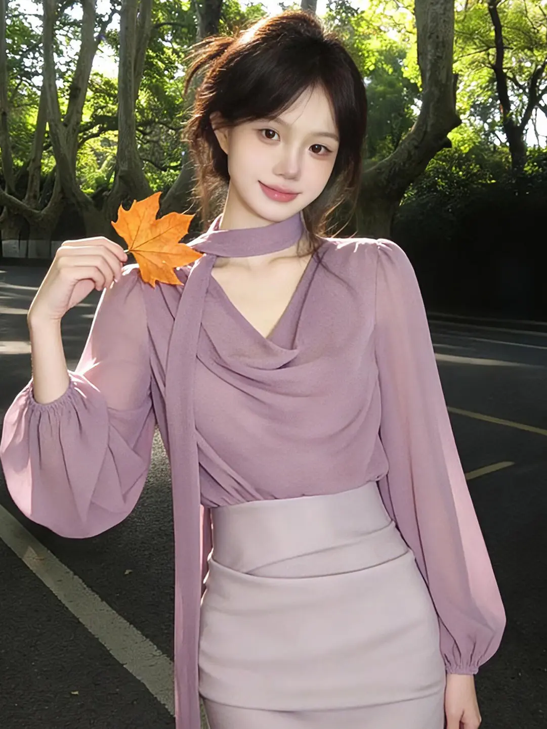 

Ele Purple irt And Skirt Set Women's Faion Spring Collection High Waist V-Ne Long Sve Regular Fit Korean Sle