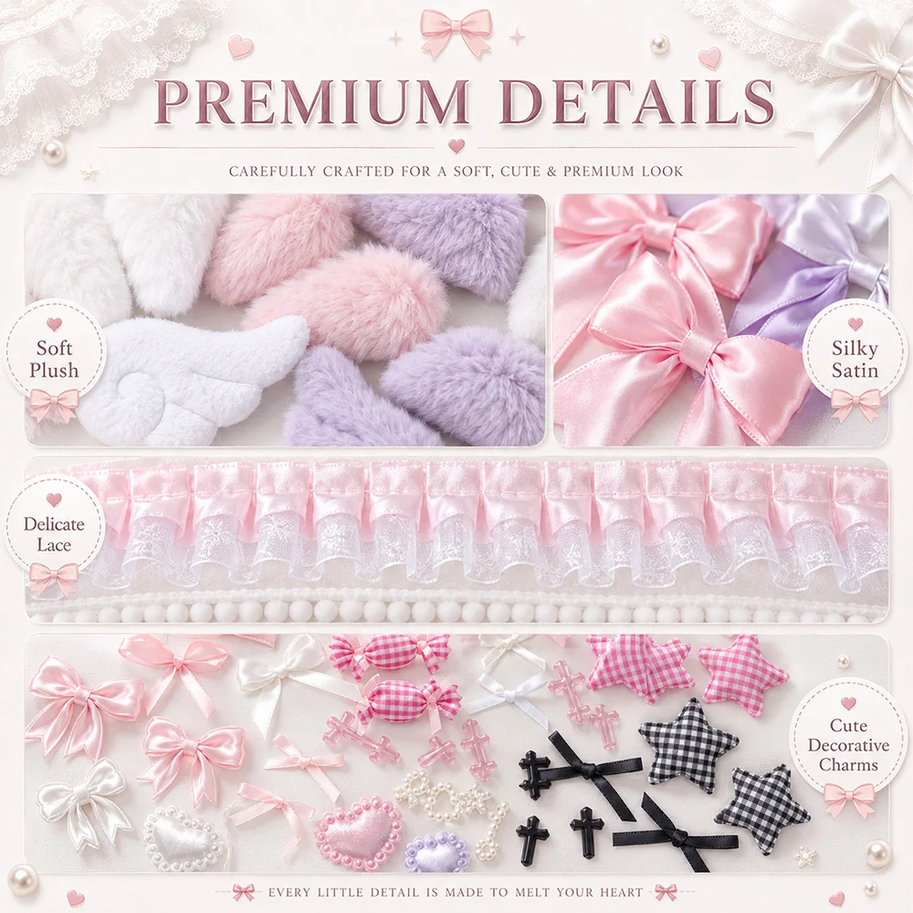 Sweet Girly DIY Decor Kit Lace Ribbon Bow Angel Wing Bunny Ear Bag Accessories Lolita Anime Card Badge Bags Handmade Decoration