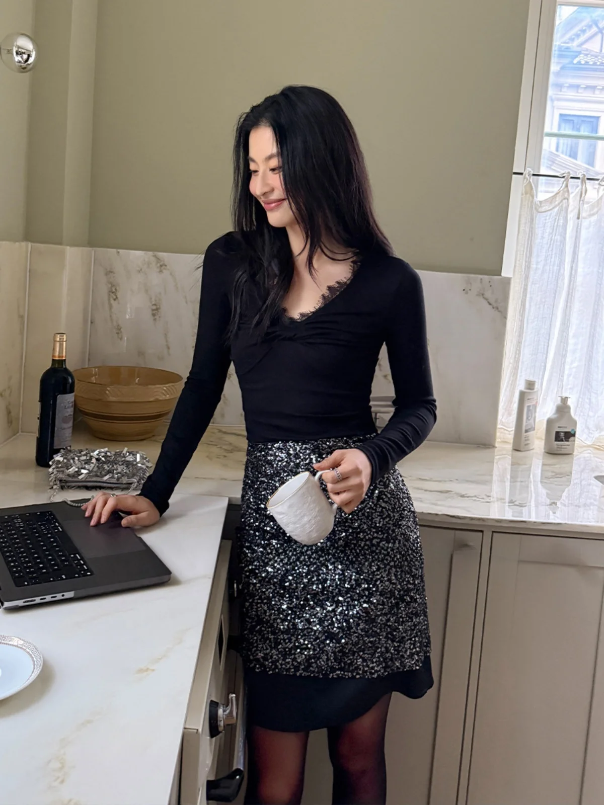 

Облегающий вязаный топ с длинным рукавом, универсальный базовый элемент, повседневный стиль, женская модная одежда для осени и зимы