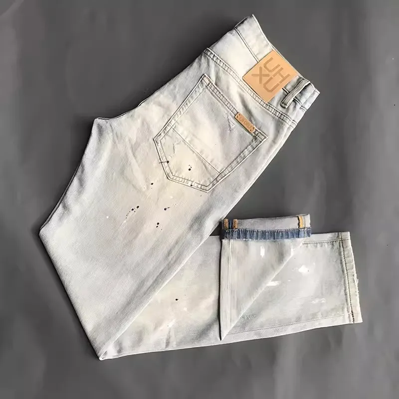 Street Fashion Designer Men Jeans Retro Washed Light Blue Stretch Slim Fit Ripped Jeans Men Painted Vintage Denim Pants Hombre