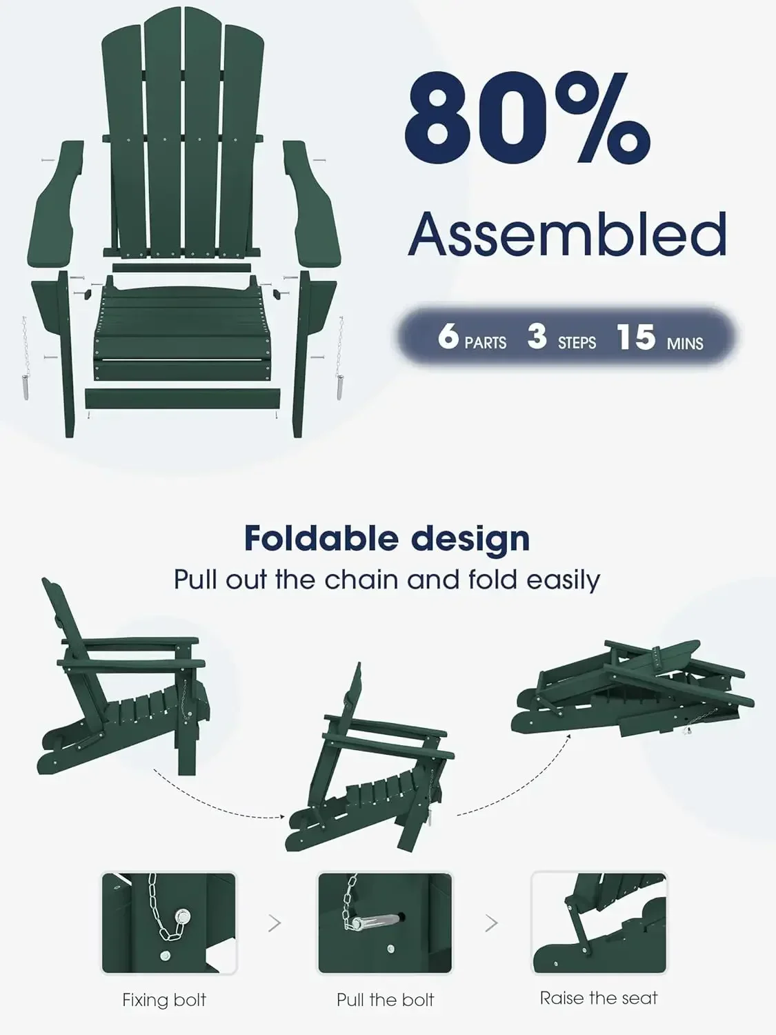 Silla plegable Adirondack, silla Adirondack plegable para todo tipo de clima HDPE, verde