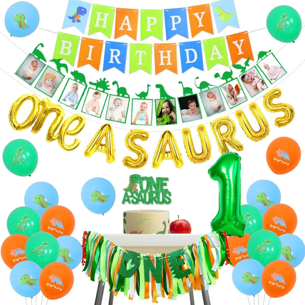 Birthday Party Decorations with High Chair Banner for Boys, Photo Banner, Dinosaur One A Saurus, 1st Birthday Supplies