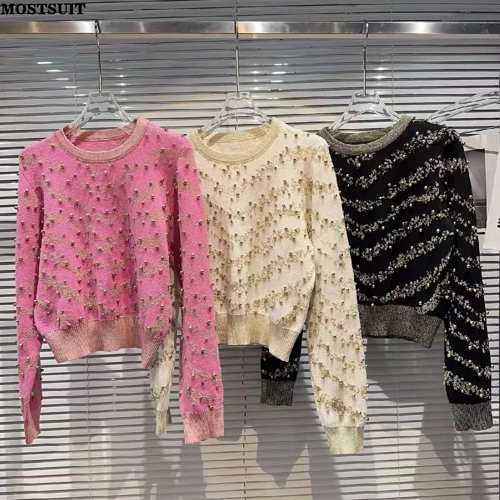 

Beaded Gold Thread Knit Sweater Pullover Women Vintage Stylish Elegant Chic Tops 2023 Autumn Winter Long Sleeve O-neck Jumpers