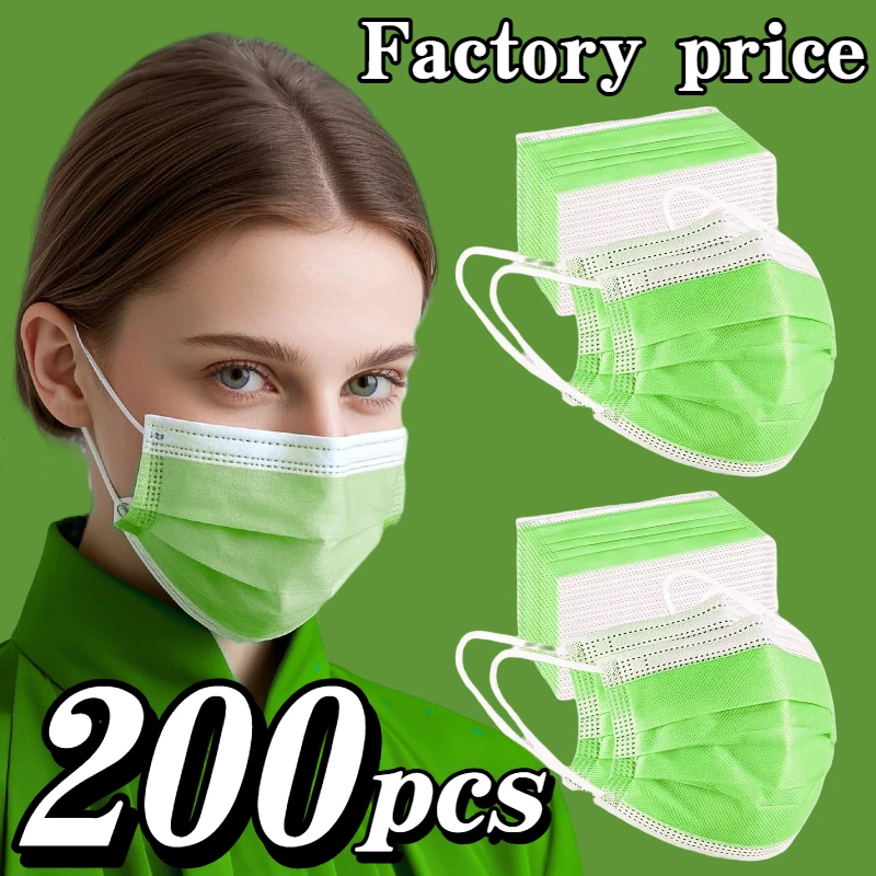 200 unidades de máscaras protetoras descartáveis verde fruta – 3 camadas espessadas, respiráveis e confortáveis, presilhas para os ouvidos ajustáveis e protetores de nariz com segurança ajustados - 200/100/50/10 peças,