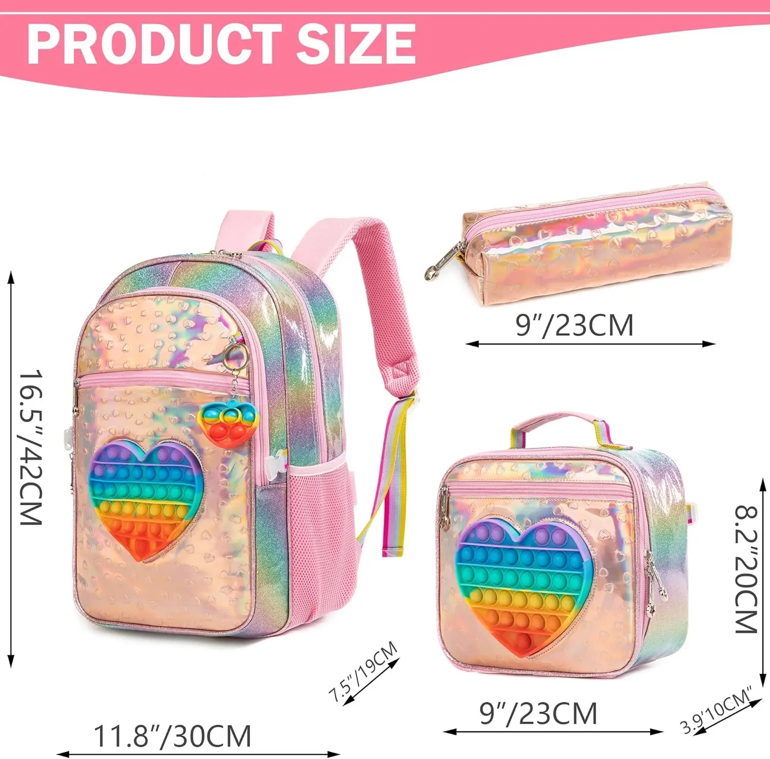 Meetbelify Cute Love Backpack for Girls Backpacks for Elementary School Bag with Lunch Box Kids Pink Backpack Set for Girls Age