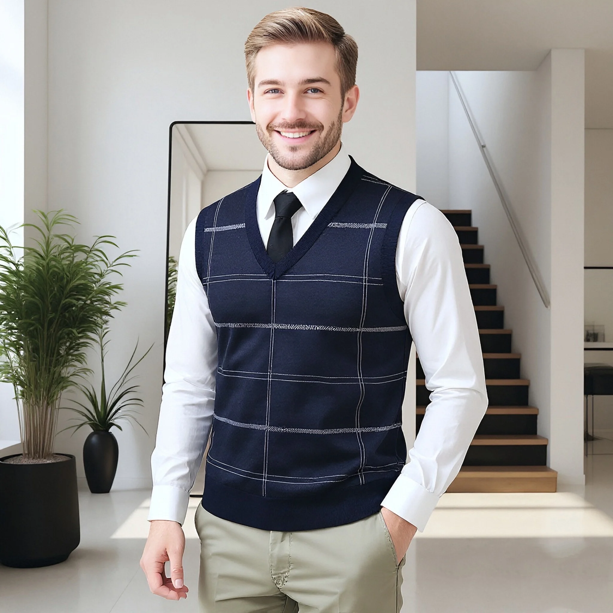 

Fade-resistant Knit Vest Stylish Men's Plaid Print Knit Vest with Velvet Lining V-neck Sleeveless Sweater for Autumn for A
