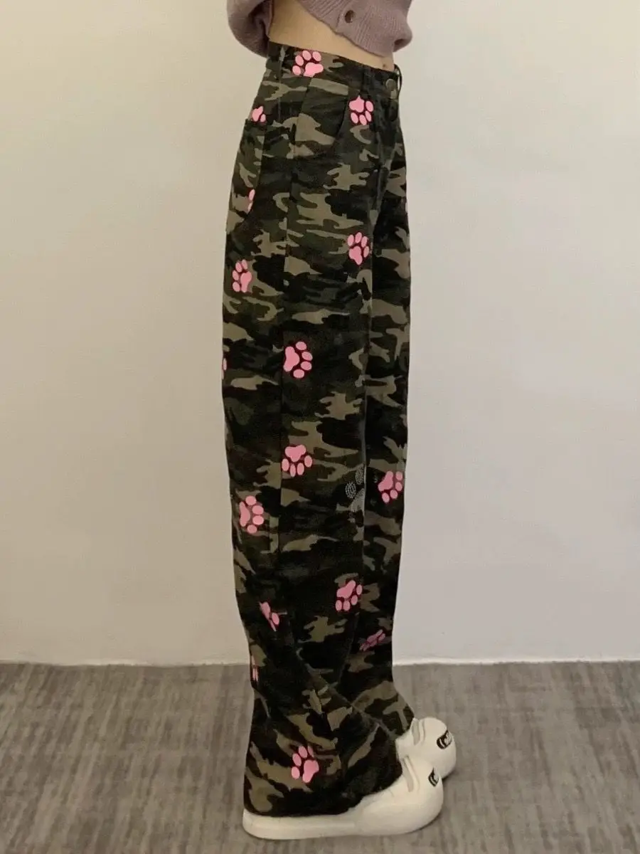 

Onalippa Camouflage Jeans Versatile High Waisted Printed Slim Casual Elastic American Wide Leg Pants Flesh Covering Graffiti