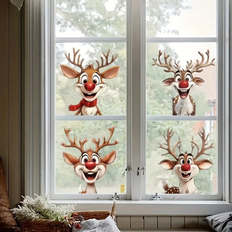 4PCS/Sheet Christmas Reindeer Stickers Waterproof for Window Glass Self-adhesive Vinyl Decals DIY Home Decoration Universal