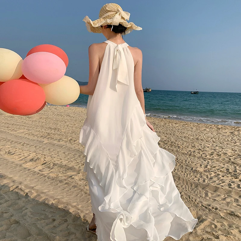 2024 New Summer Off Shoulder Halter Holiday Beach Loose Dress Chic Women Sleeveless Ruffles Chiffon Split Boho Cake Long Vestido