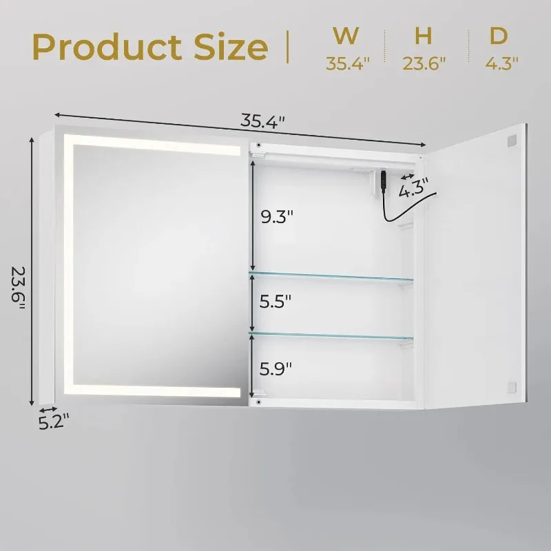 Medicine Cabinet With Mirror And LED Light, Wall Mounted Bathroom Mirror With Storage, 3 Doors Bathroom Wall