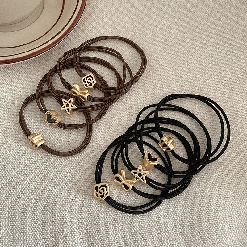 Fashion Alloy Heart Flower Pentagram Ornament Elastic Hair Bands Basic Black Brown Thin Rubber Bands High Elasticity Hair Ties