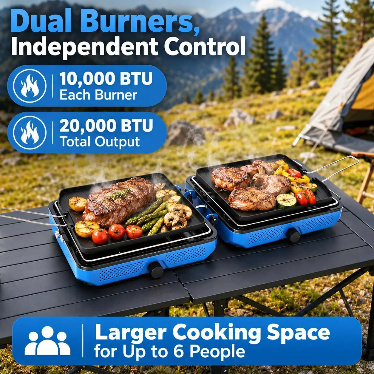 Portable 2-Burner Propane Camping Stove Kit, 20,000 BTU Outdoor Gas Cooker with 2 Griddles, Camping Cookware Set, Carry Bag Included, Blue