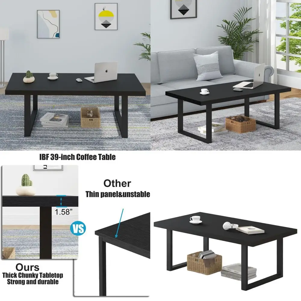

Industrial-Style Wooden Center Table, Minimalist Living Room Coffee Table, Wood and Metal Design, 47 Black Oak