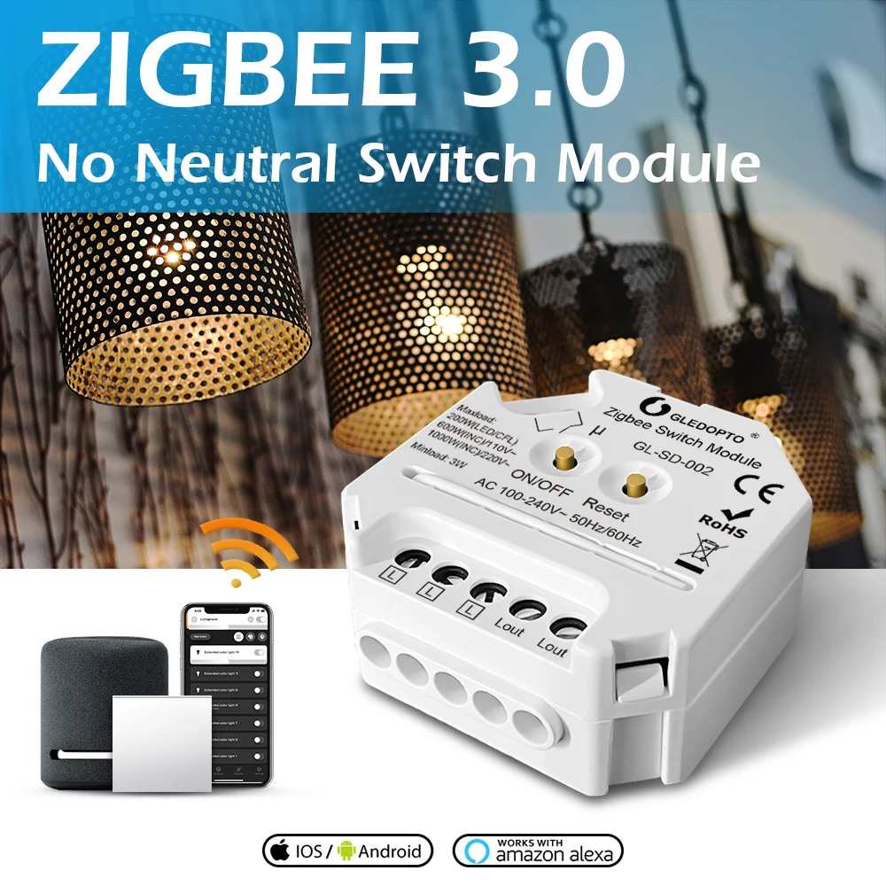 GLEDOPTO ZigBee 3.0 No Neutral Switch ON OFF Module Push Switch App Voice Control Tuya Smart Life Alexa SmartThings Hub Require