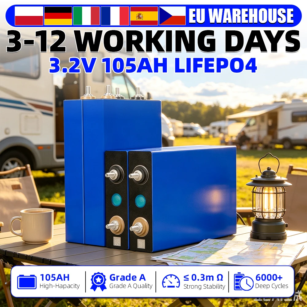 Batteria LiFePO4 3.2V 105Ah con oltre 6000 cicli, celle prismatiche ricaricabili a ciclo profondo di grado A, disponibile in magazzino UE, per fai da te 12V 24V 48V, per solare, camper, golf cart,