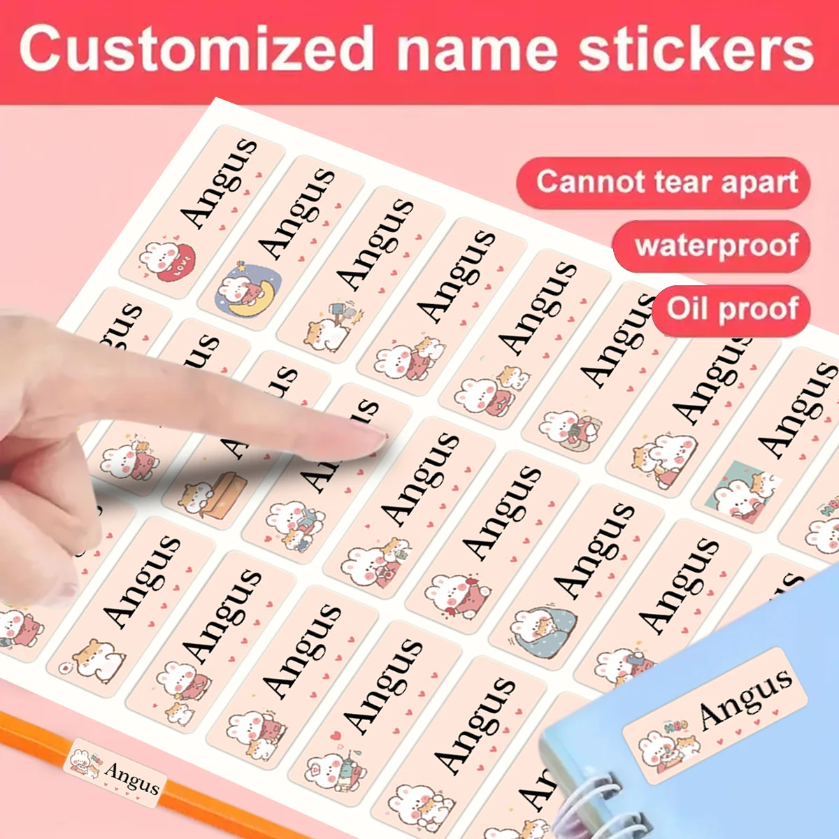 Customized name stickers-T1-personalized rabbit pattern waterproof label stickers,kindergarten stationery water cup labels