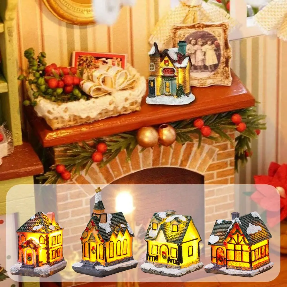 Christmas Decoration 2025 New Year Night Light LED Luminous Snow House Sculpture Home Resin Crafts Xmas Gift for Kids M9R4