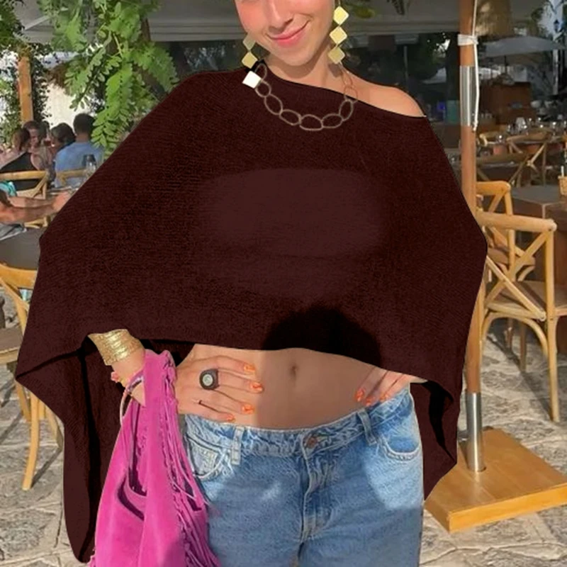 Women Knitwear Bikini Cover-ups Sheer See-through Solid Y2k Off Shoulder Irregular Triangle Hem Loose Pullover Summer Beach Tops