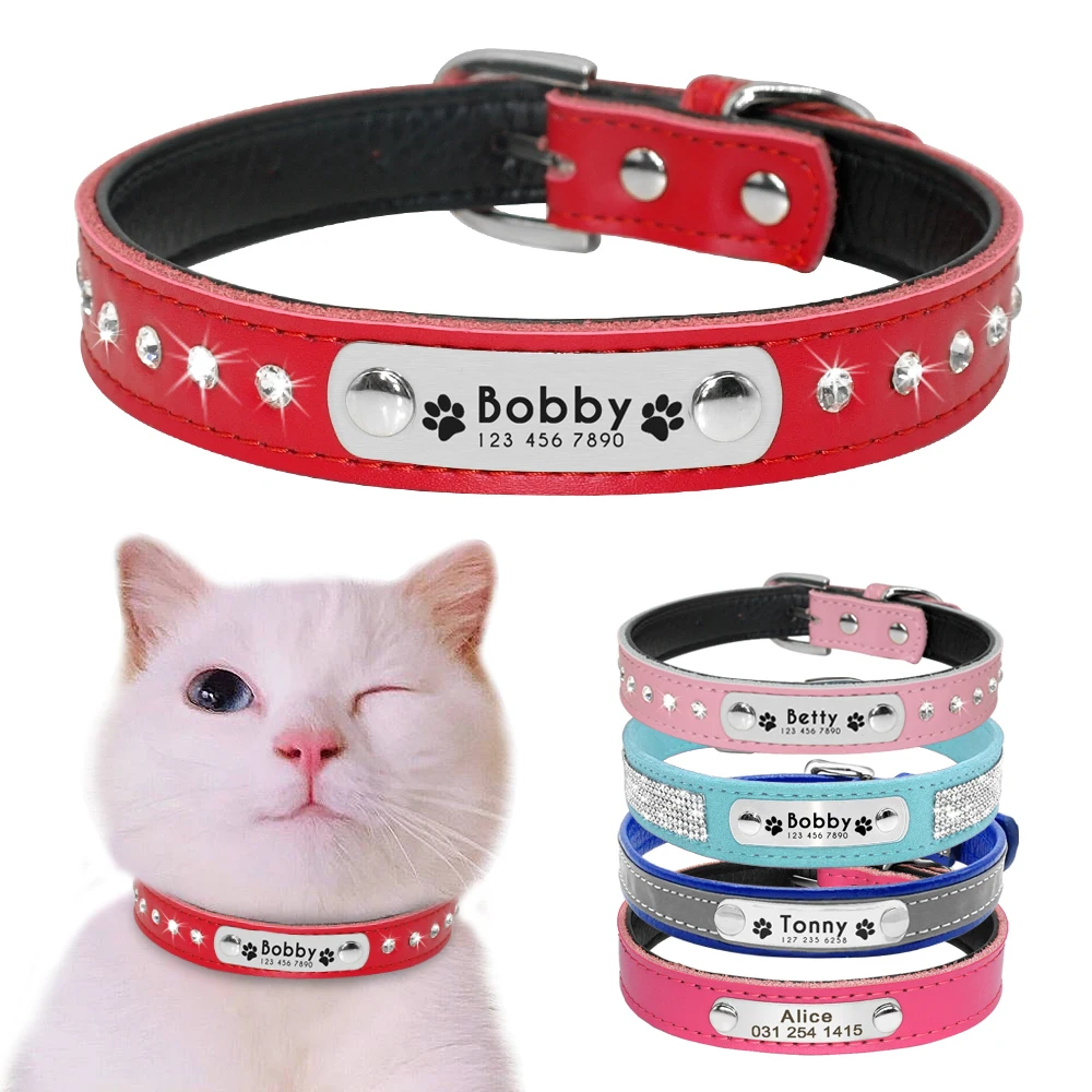 Collier en cuir personnalisé pour animal de compagnie,accessoire réglable pour chiot et chat avec plaque nominale, gravure gratuite