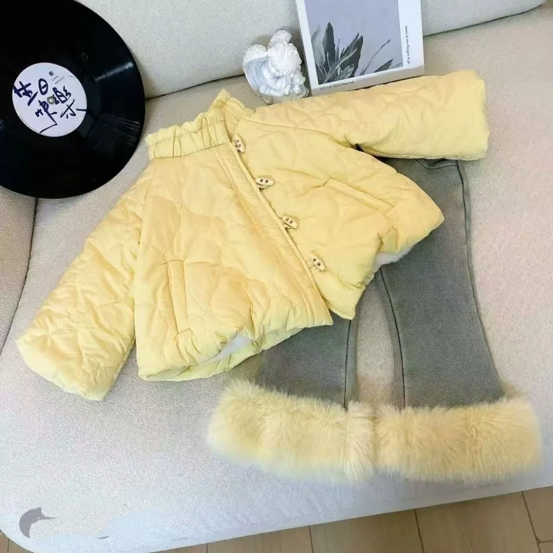 Girls Winter Set Kids Puffer Coat With Fleece Lined Jeans Fashion Warm Clothes Set 2‑Piece Outfit 2 3 5 7 9 Y